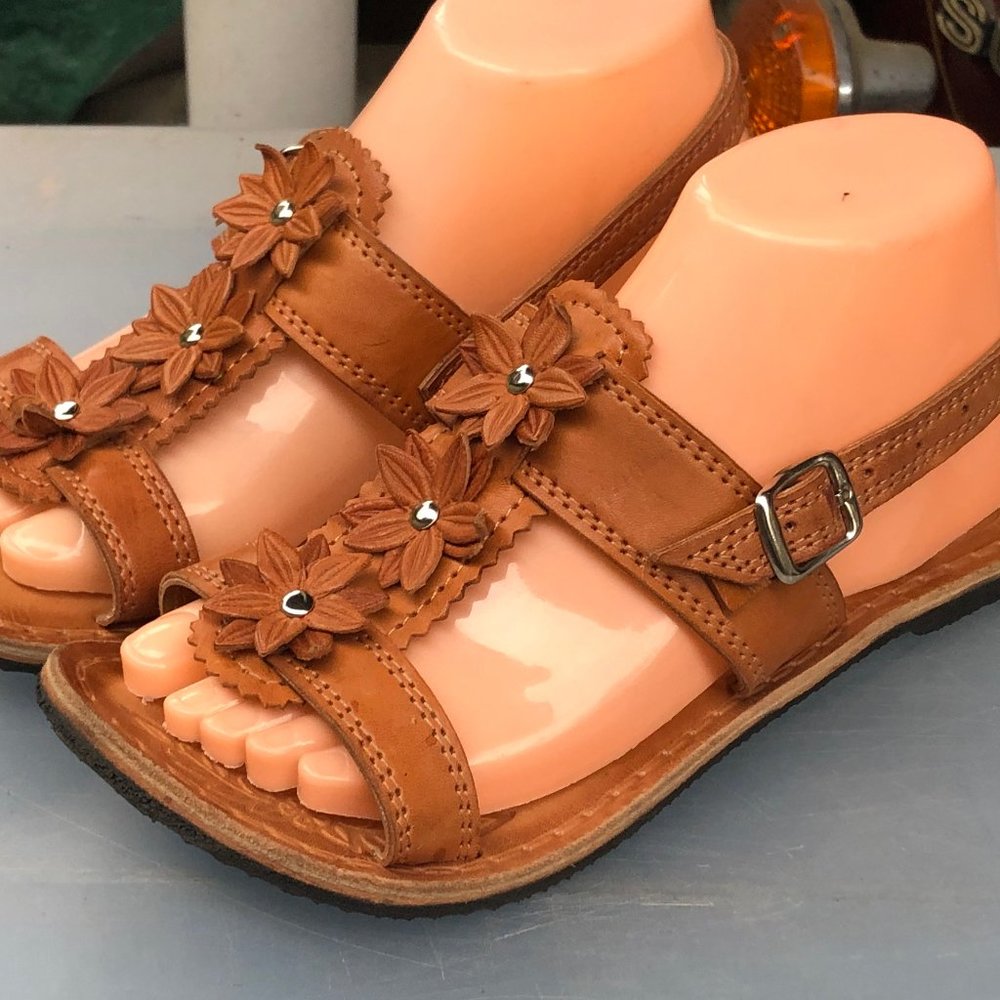 Cuba Women’s Brown Leather Floral  Slip On Sandals